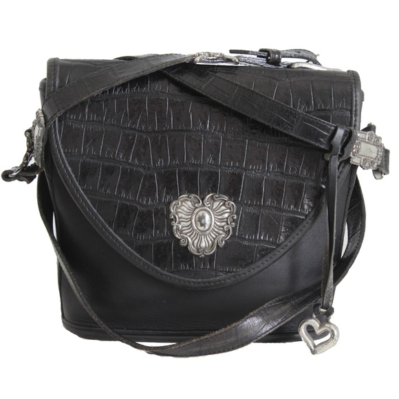 Brighton Handbags - Brighton Croc Stamp Black Leather Crossbody Bag